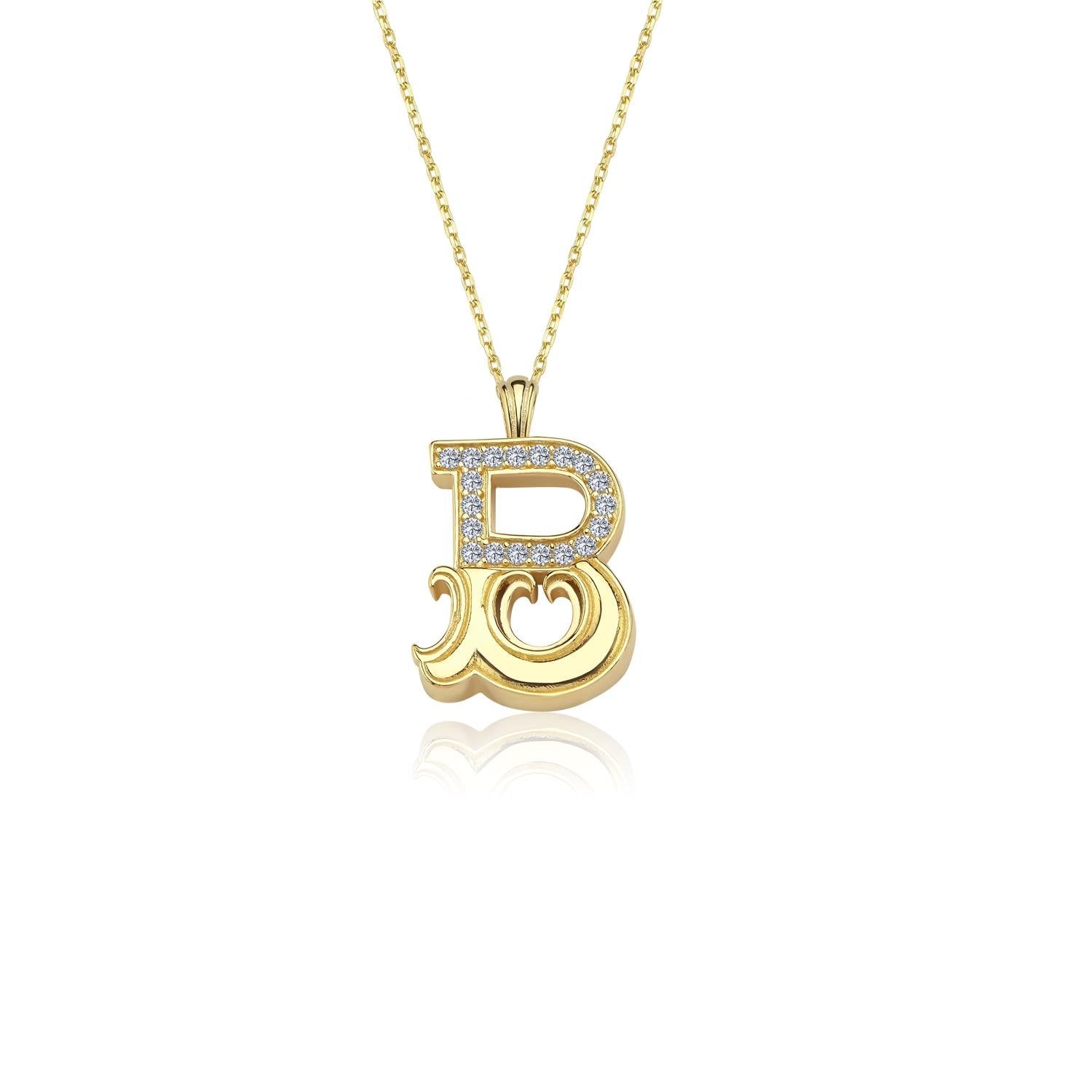 Vintage Elegance B Initial CZ 14K Gold Necklace