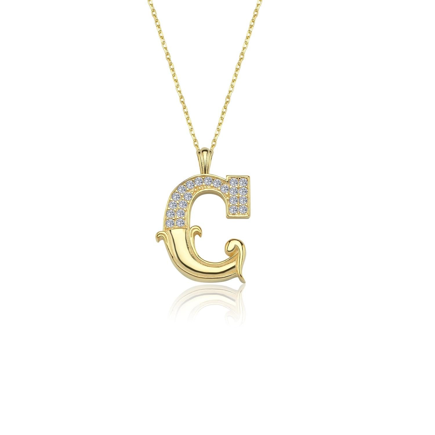 Vintage Elegance C Initial CZ 14K Gold Necklace