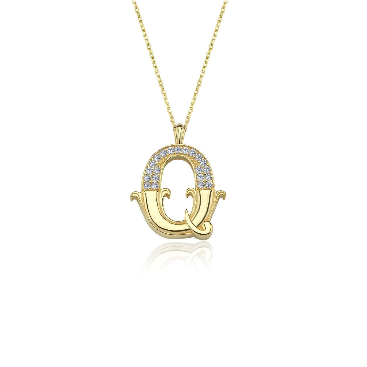 Vintage Elegance Q Initial CZ 14K Gold Necklace