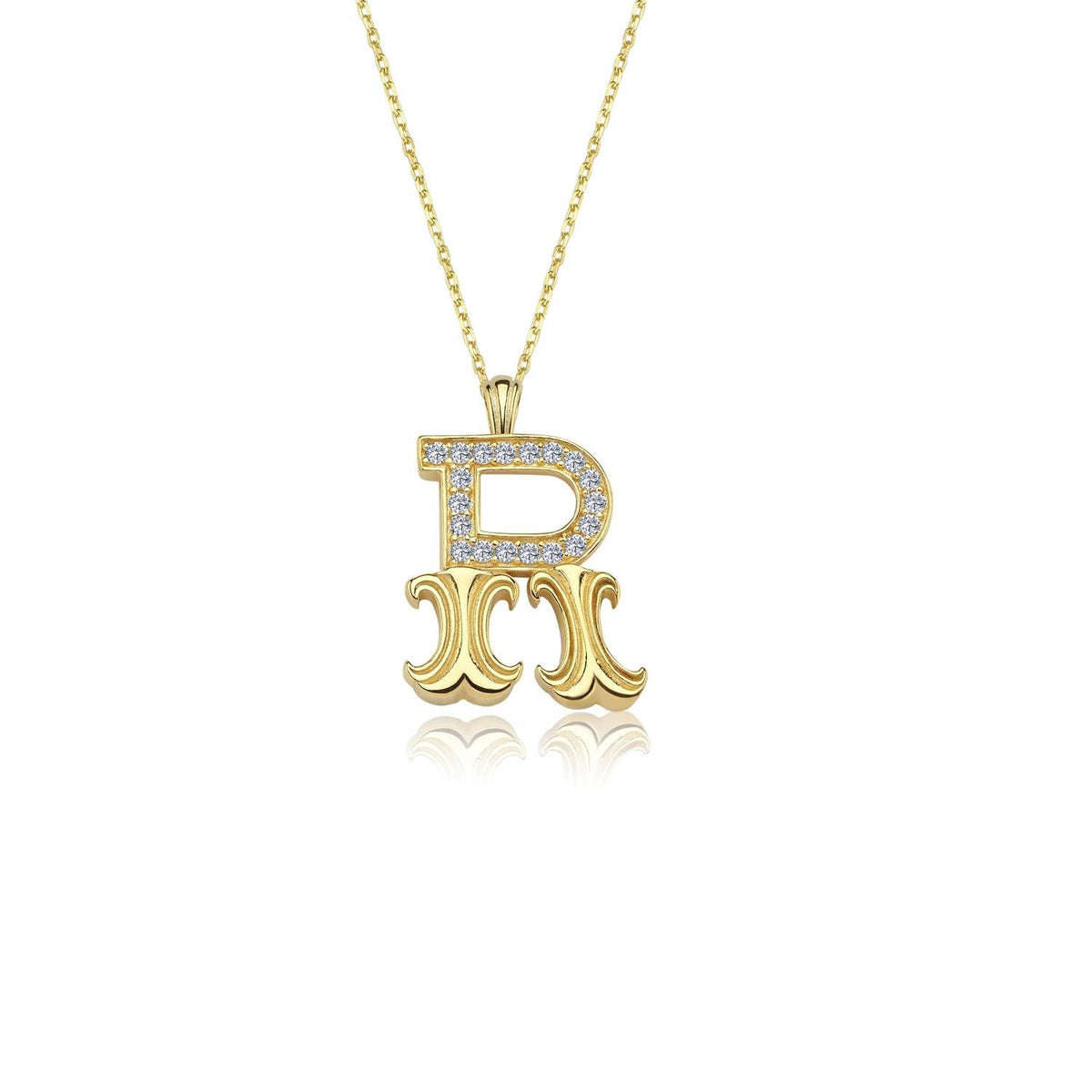 Vintage Elegance R Initial CZ 14K Gold Necklace