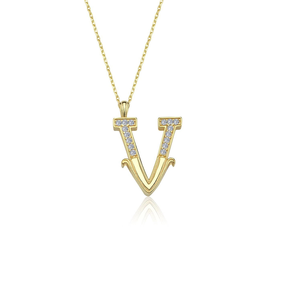 Vintage Elegance V Initial CZ 14K Gold Necklace
