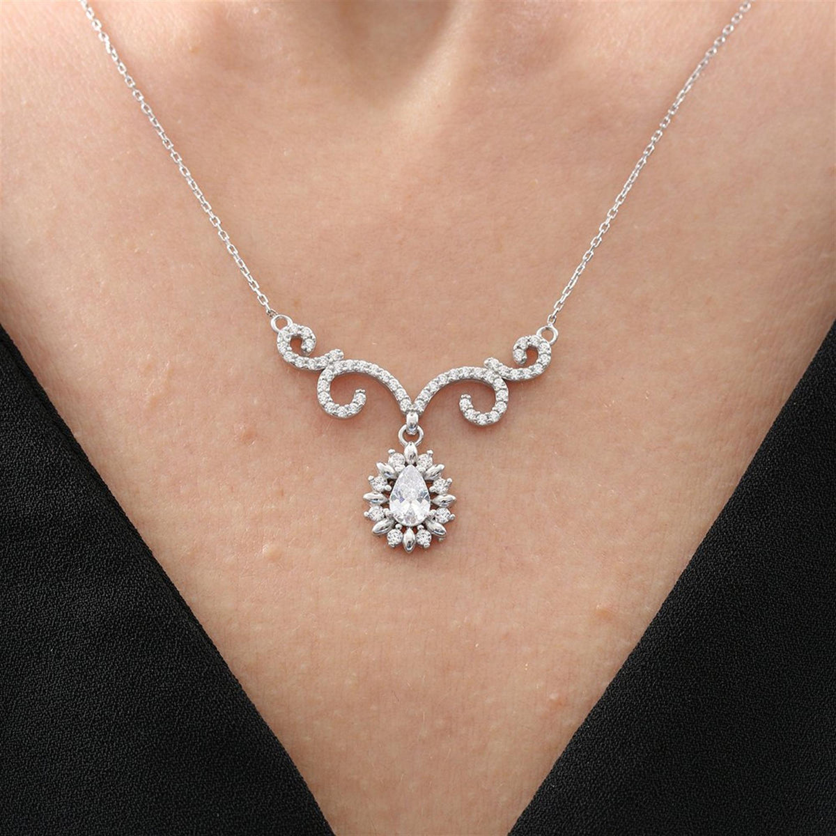 Glistening Raindrop Baroque Romance CZ 925K Sterling Silver Necklace