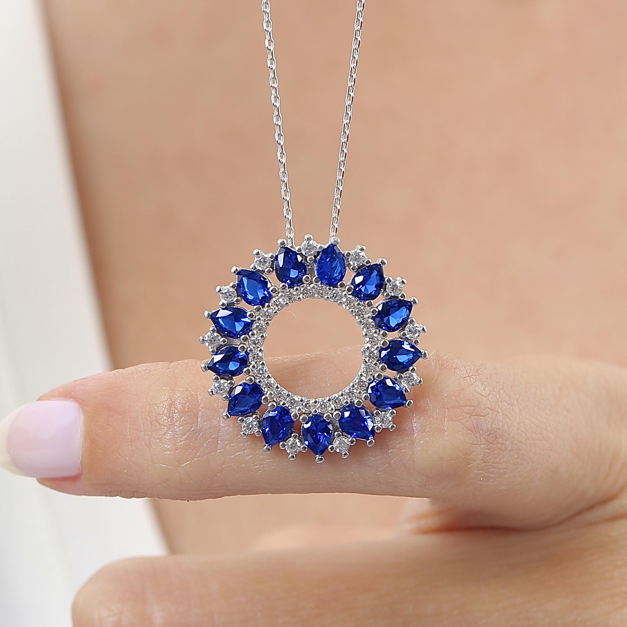 Celestial Solar Bloom Wreath Sapphire Color CZ 925K Sterling Silver Necklace