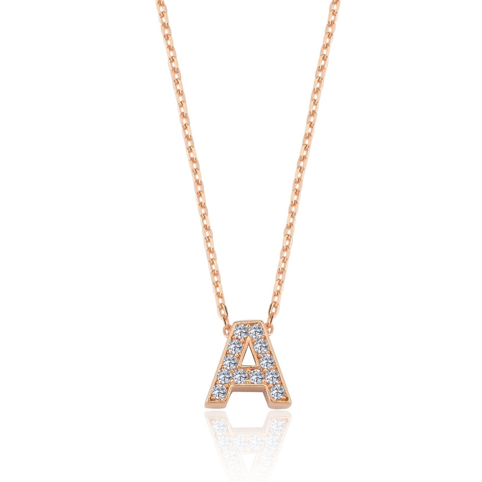 Elegant A Initial Sparkle CZ Rose Gold 925K Sterling Silver Necklace