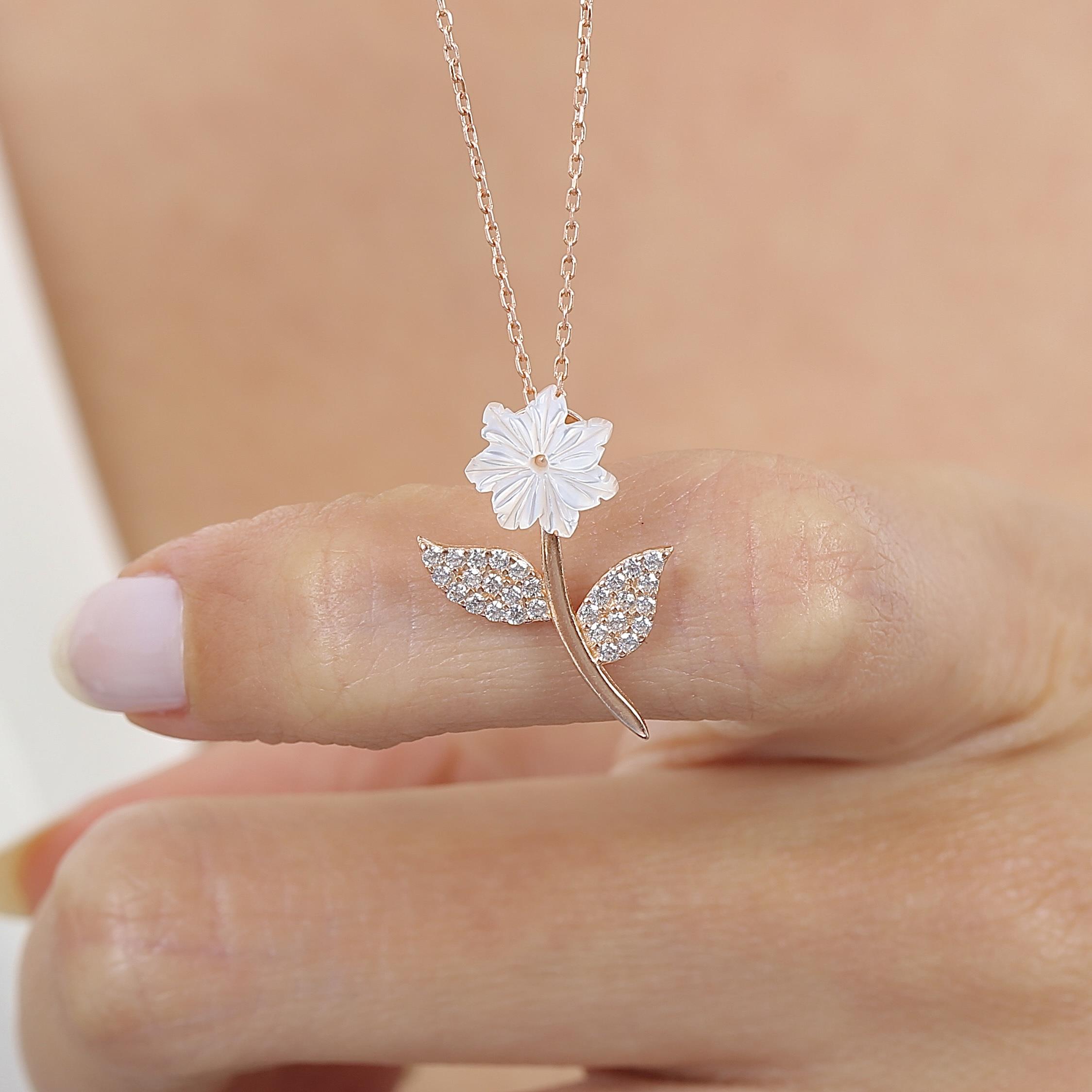 Delicate Magnolia Stem CZ Rose Gold 925K Sterling Silver Necklace
